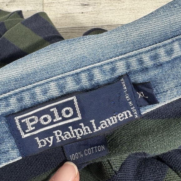 Vintage Polo Ralph Lauren Denim Collar Polo Shirt Preppy Striped X-Large - Picture 4 of 5